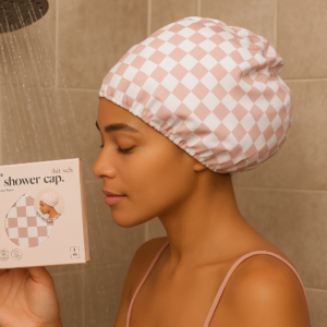 Kitsch Satin-Lined Flexi Shower Cap - Waterproof, Adjustable, Terracotta Checker